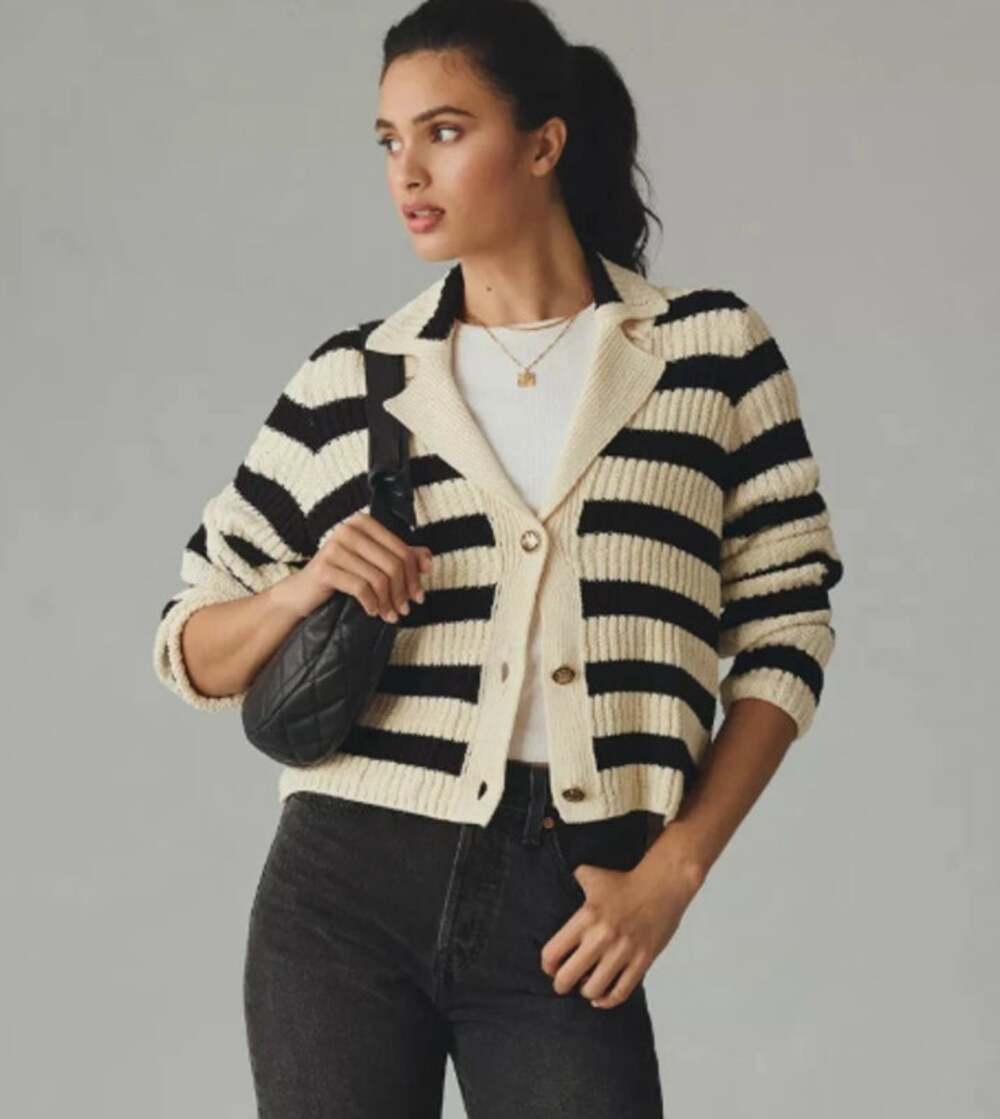 Maeve Anthropologie Greta Polo Cardigan Sweater Small Striped Beige Black